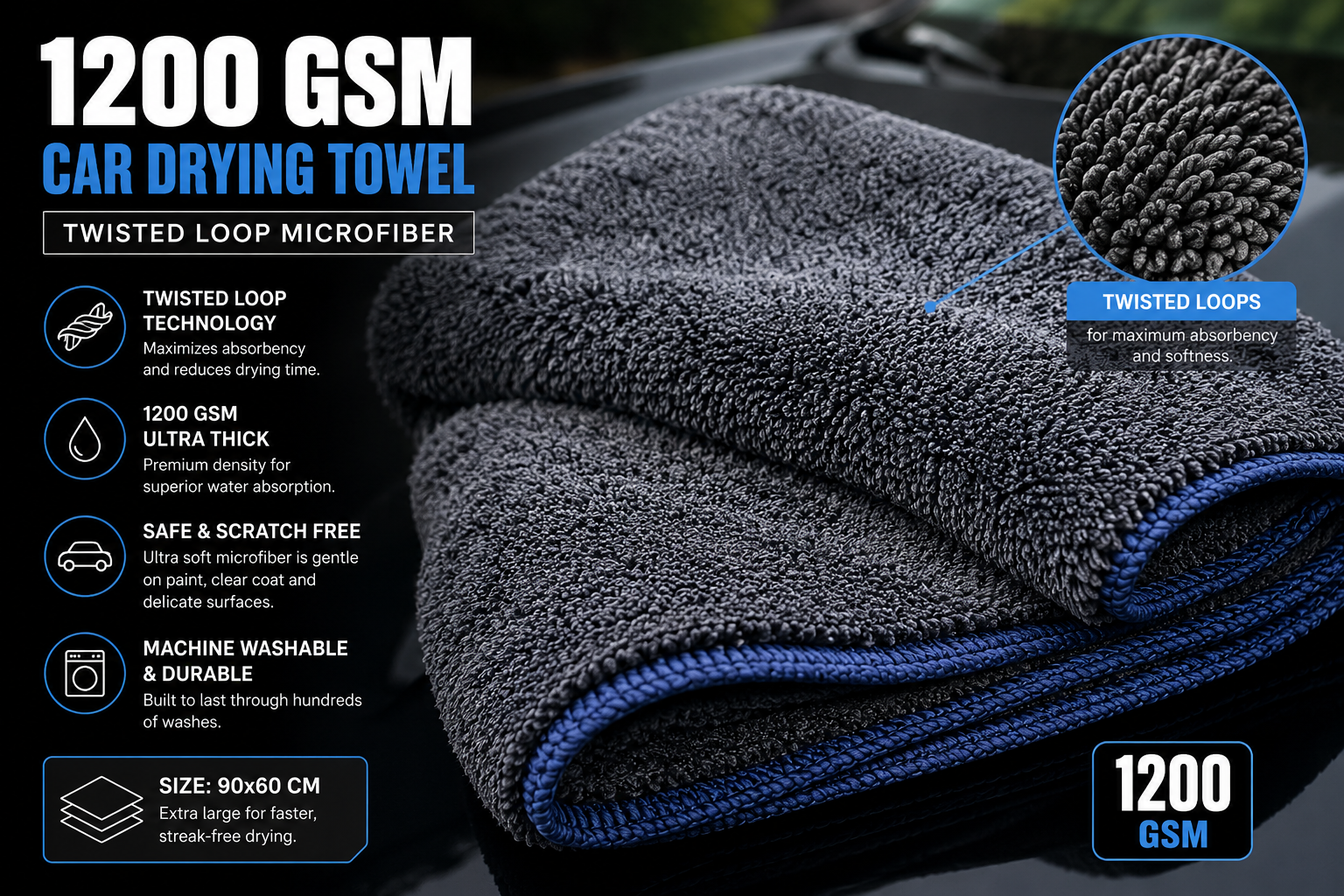 DRYMAX 1200 GSM - Twisted Loop Drying Car Towel